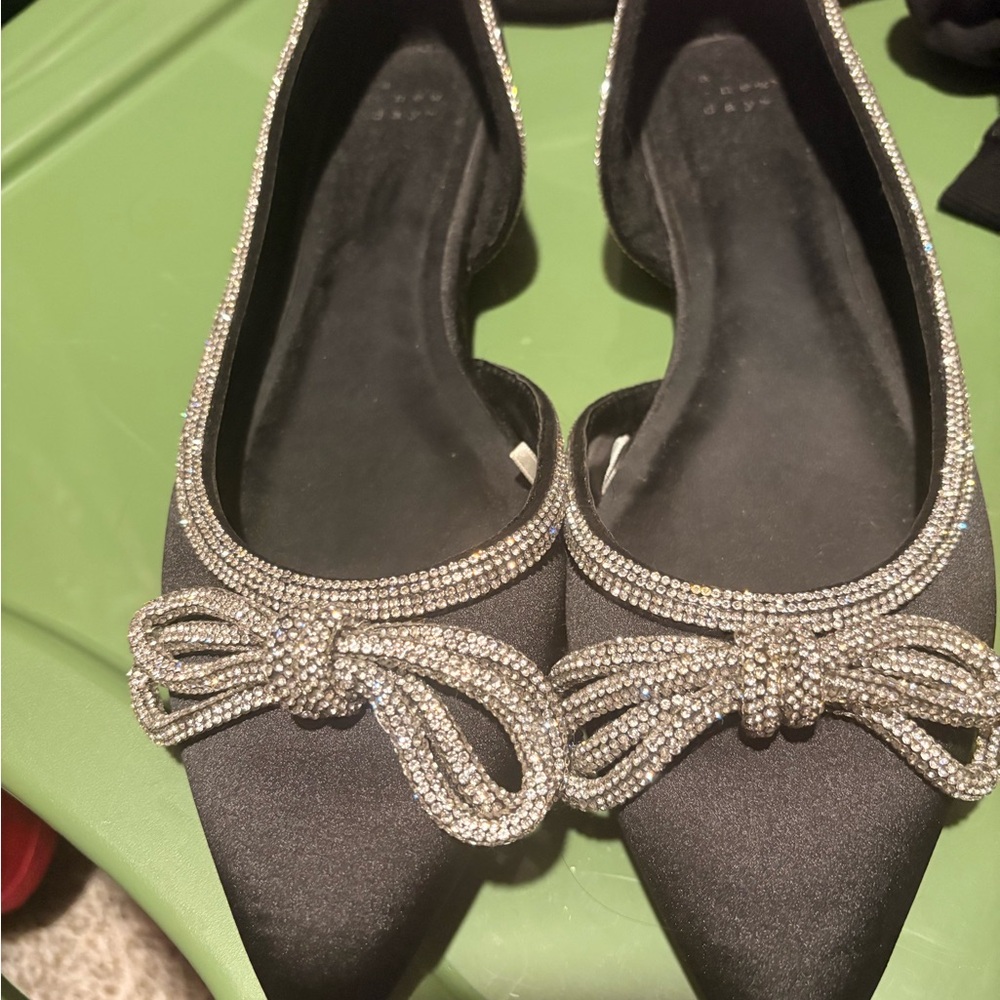 Elegant Black Satin Flats with Rhinestone Bow